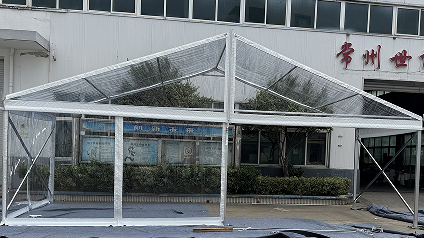 Test assembling of 9m*18m*2.5m A-Frame Transparent Tent before shipping